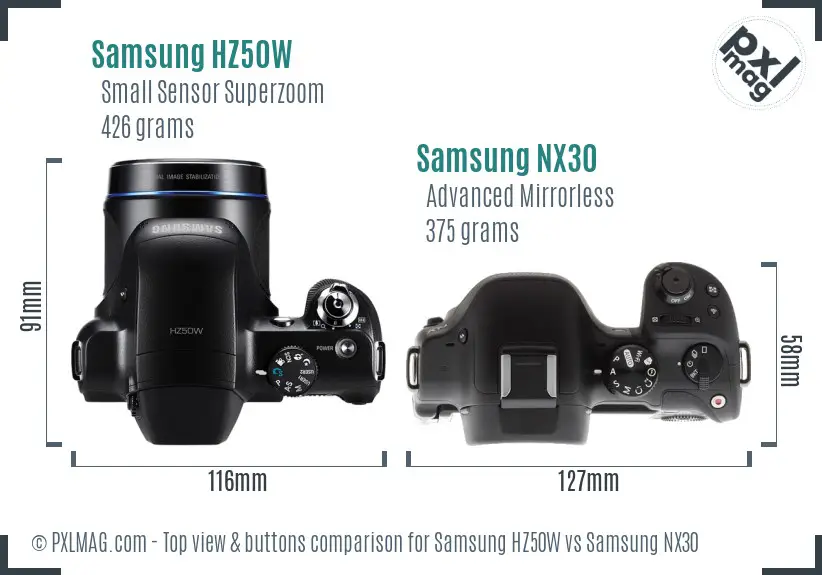 Samsung HZ50W vs Samsung NX30 top view buttons comparison