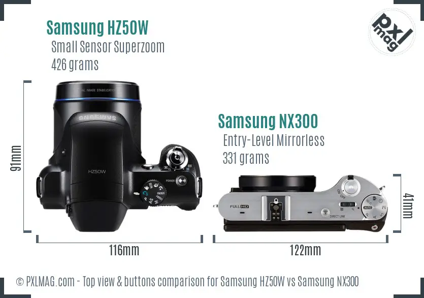 Samsung HZ50W vs Samsung NX300 top view buttons comparison