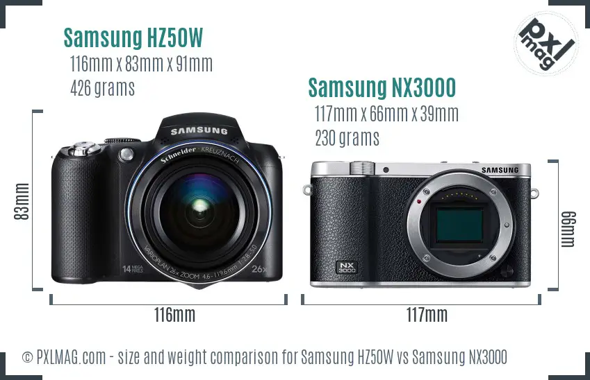 Samsung HZ50W vs Samsung NX3000 size comparison