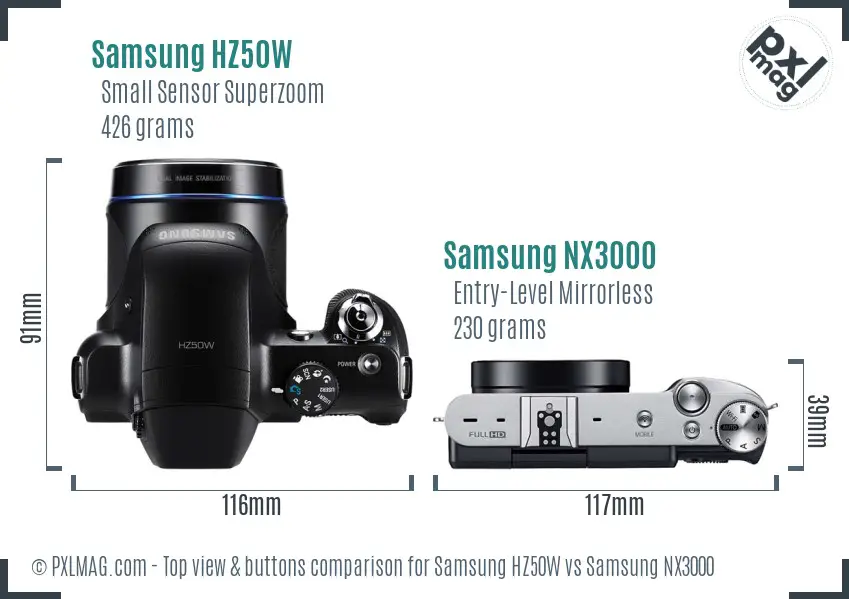 Samsung HZ50W vs Samsung NX3000 top view buttons comparison