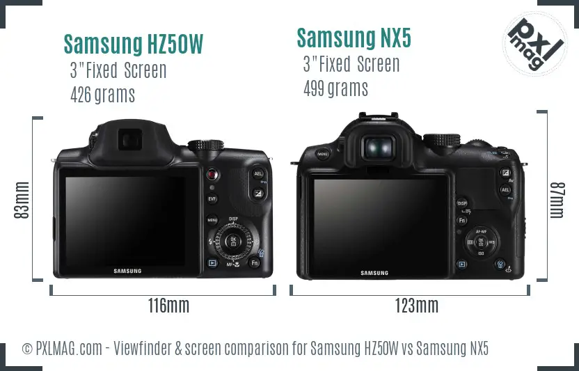 Samsung HZ50W vs Samsung NX5 Screen and Viewfinder comparison