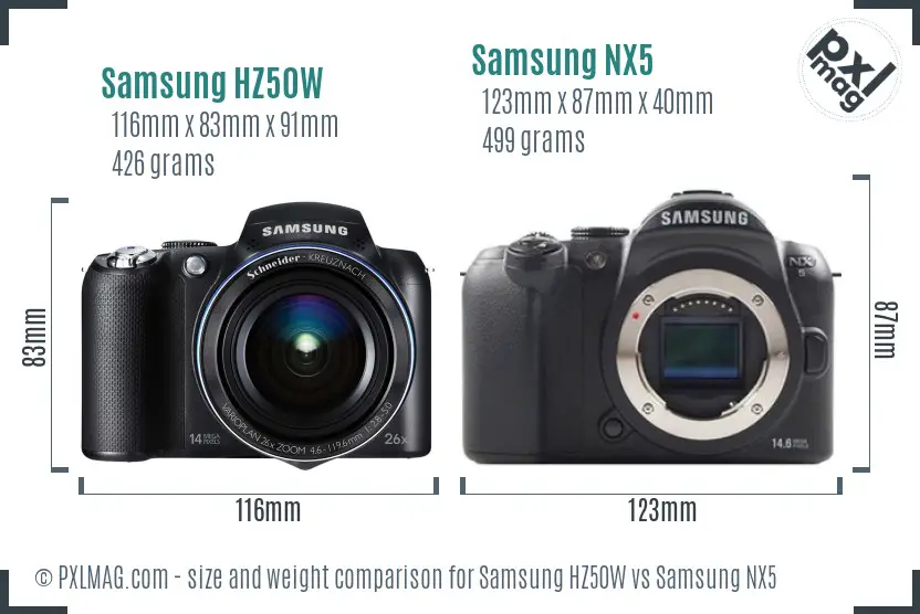 Samsung HZ50W vs Samsung NX5 size comparison