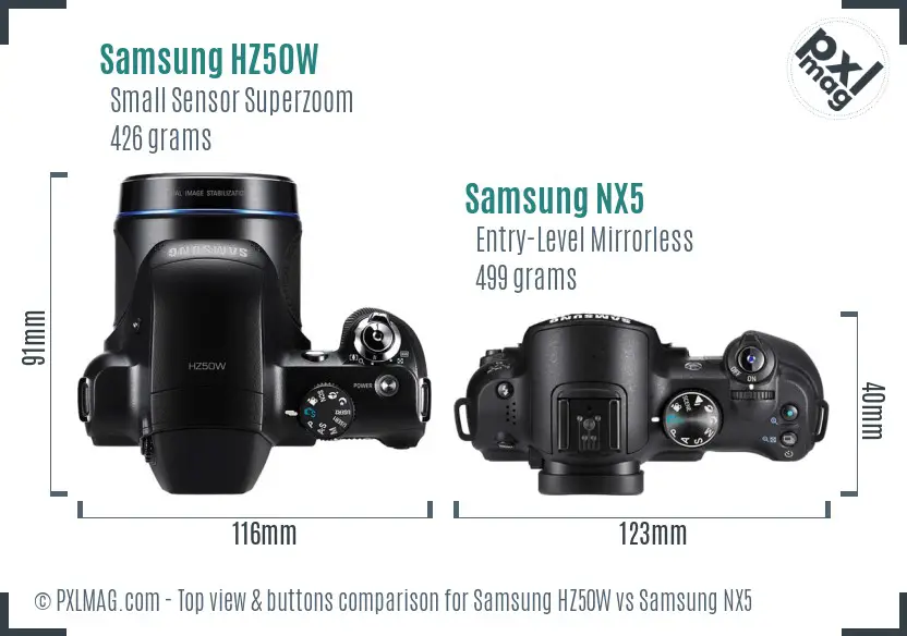 Samsung HZ50W vs Samsung NX5 top view buttons comparison