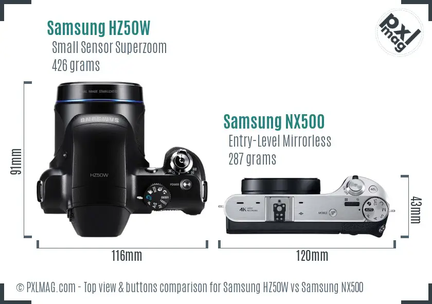 Samsung HZ50W vs Samsung NX500 top view buttons comparison