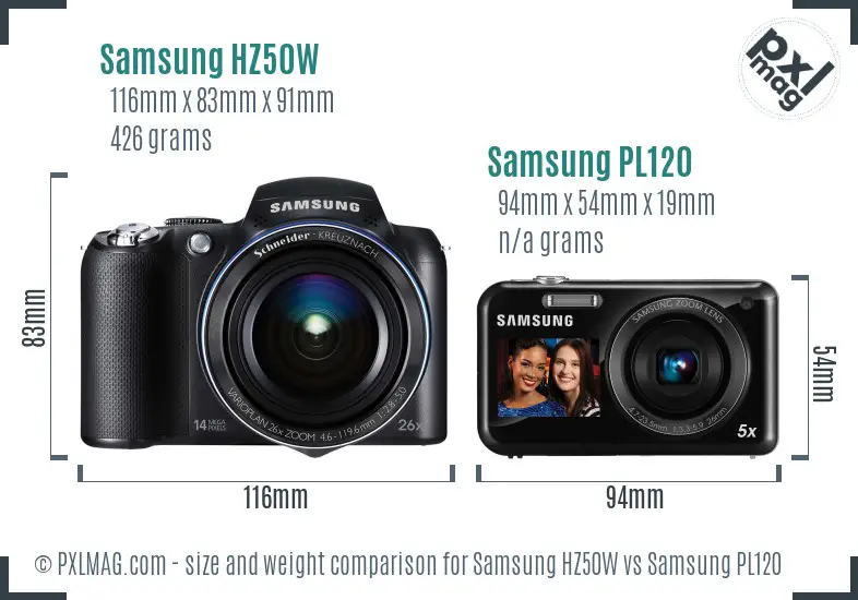 Samsung HZ50W vs Samsung PL120 size comparison