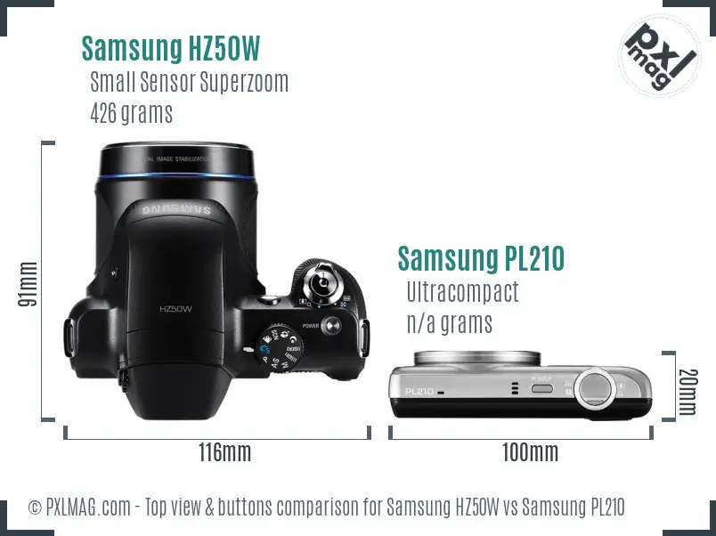 Samsung HZ50W vs Samsung PL210 top view buttons comparison Samsung HZ50W vs Samsung PL210 top view buttons comparison