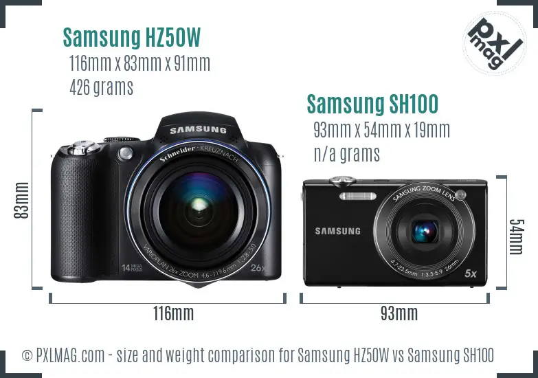 Samsung HZ50W vs Samsung SH100 size comparison