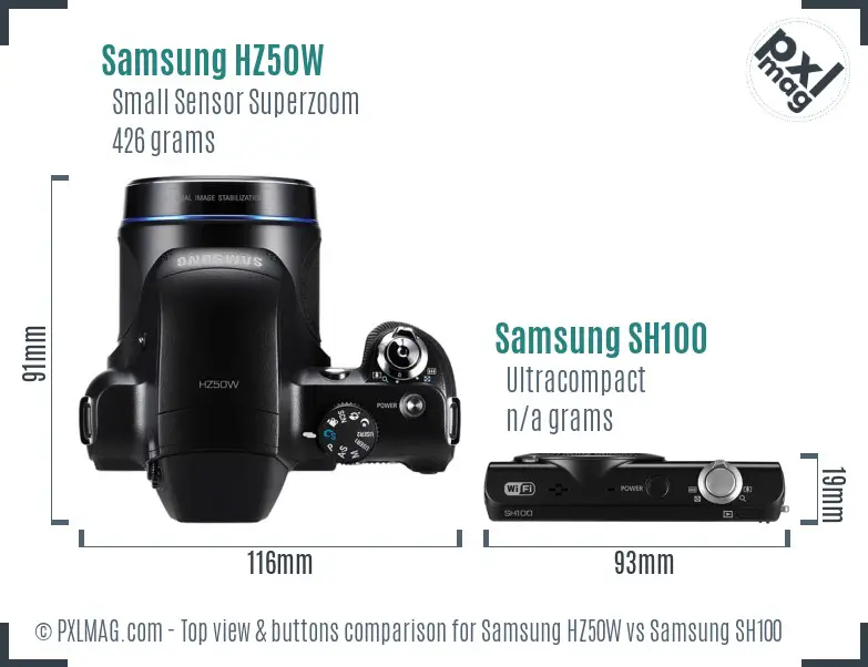 Samsung HZ50W vs Samsung SH100 top view buttons comparison
