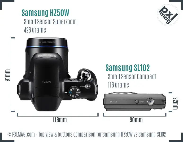 Samsung HZ50W vs Samsung SL102 top view buttons comparison Samsung HZ50W vs Samsung SL102 top view buttons comparison