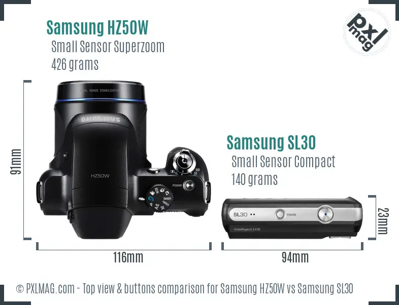 Samsung HZ50W vs Samsung SL30 top view buttons comparison Samsung HZ50W vs Samsung SL30 top view buttons comparison
