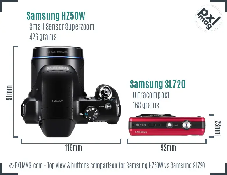 Samsung HZ50W vs Samsung SL720 top view buttons comparison