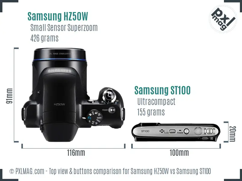 Samsung HZ50W vs Samsung ST100 top view buttons comparison