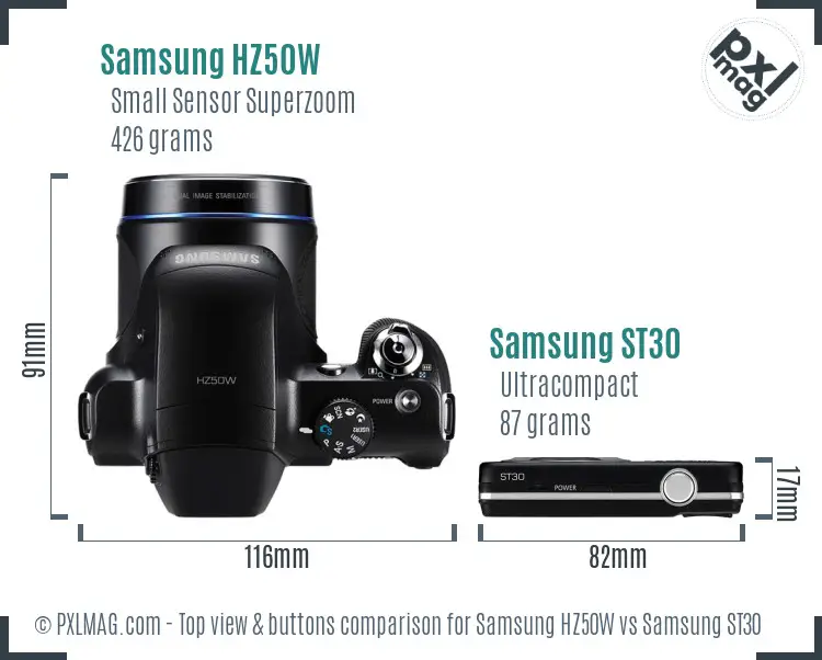 Samsung HZ50W vs Samsung ST30 top view buttons comparison