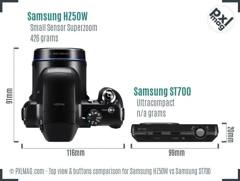 Samsung HZ50W vs Samsung ST700 top view buttons comparison