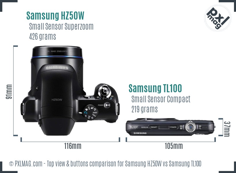 Samsung HZ50W vs Samsung TL100 top view buttons comparison