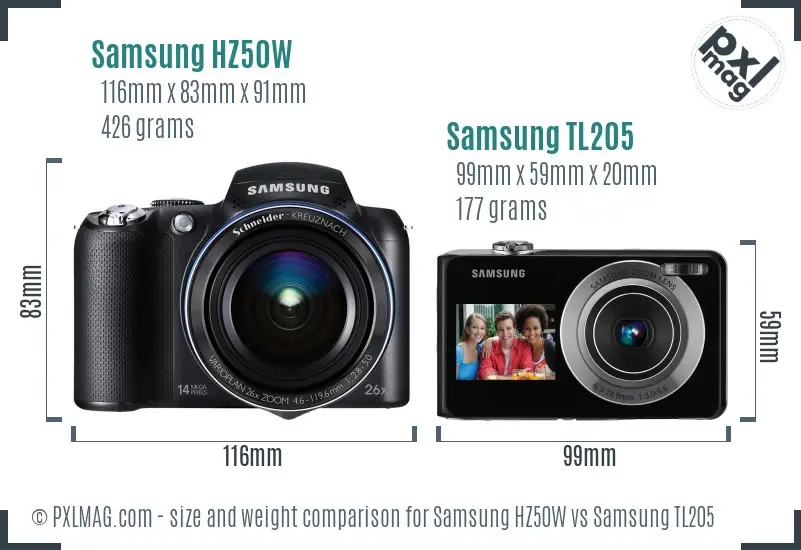 Samsung HZ50W vs Samsung TL205 size comparison