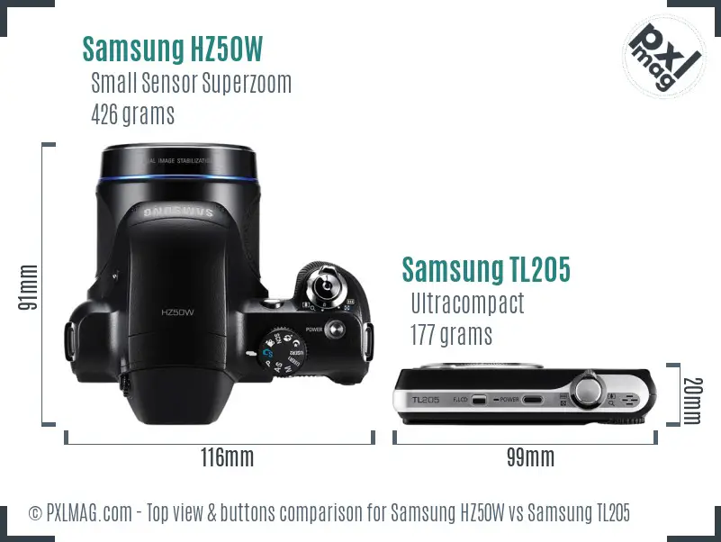 Samsung HZ50W vs Samsung TL205 top view buttons comparison