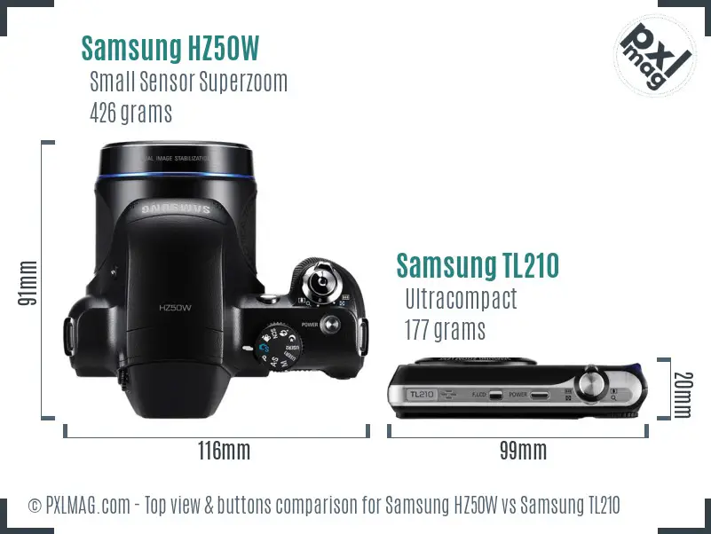 Samsung HZ50W vs Samsung TL210 top view buttons comparison