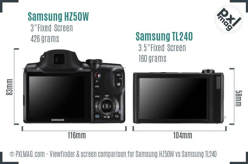 Samsung HZ50W vs Samsung TL240 Screen and Viewfinder comparison