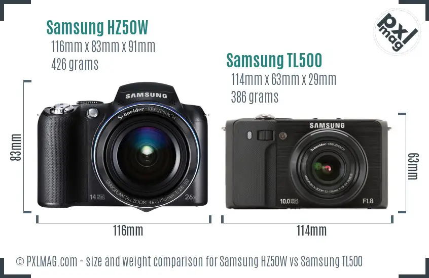 Samsung HZ50W vs Samsung TL500 size comparison