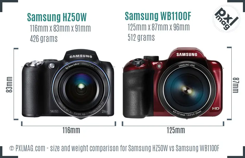 Samsung HZ50W vs Samsung WB1100F size comparison