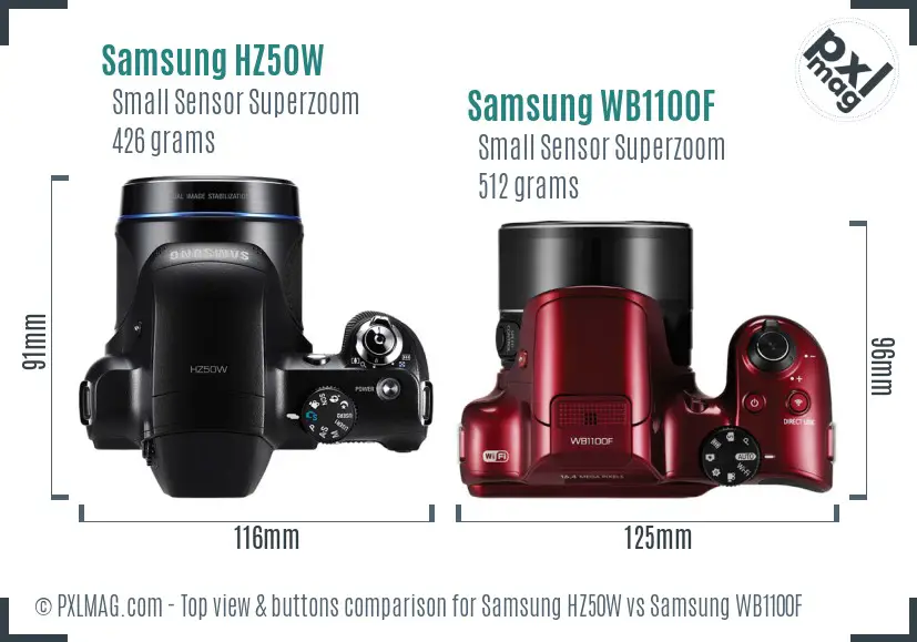Samsung HZ50W vs Samsung WB1100F top view buttons comparison