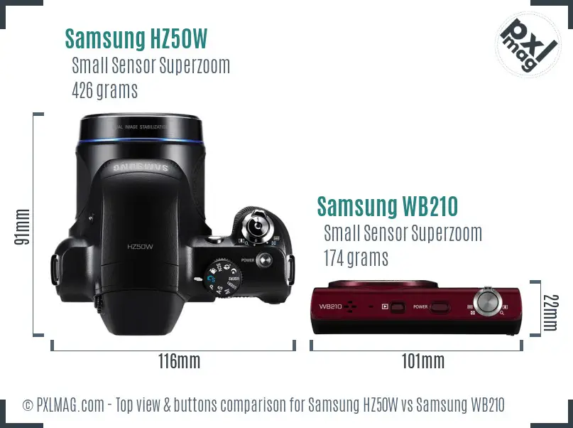 Samsung HZ50W vs Samsung WB210 top view buttons comparison