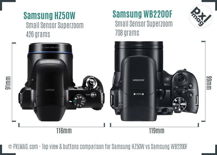 Samsung HZ50W vs Samsung WB2200F top view buttons comparison