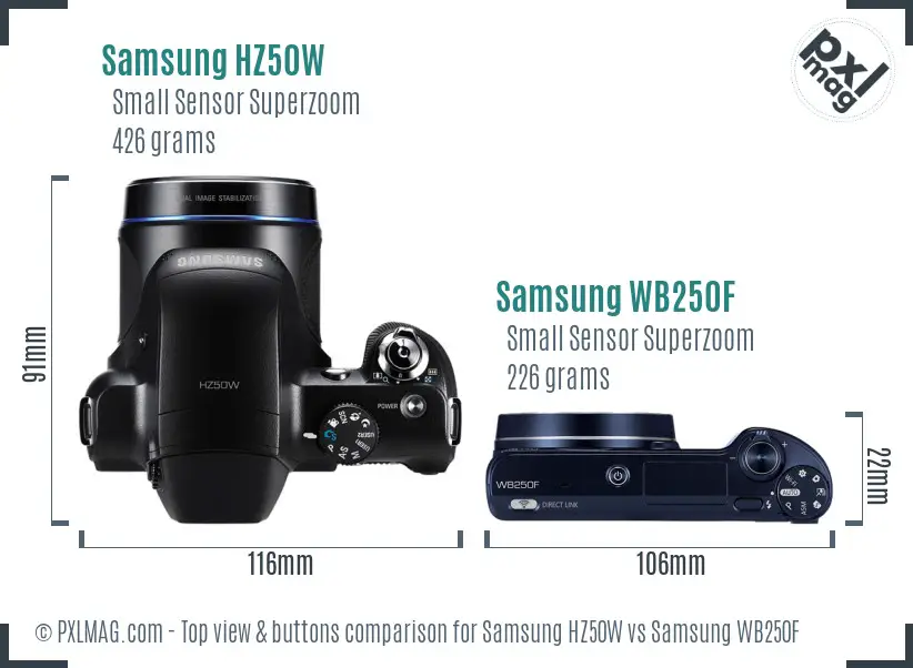 Samsung HZ50W vs Samsung WB250F top view buttons comparison