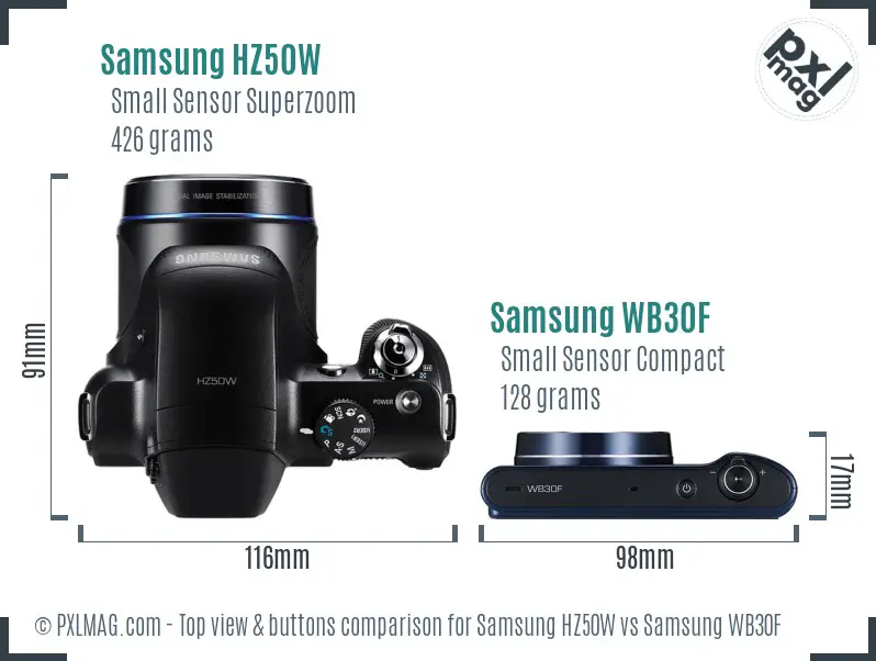 Samsung HZ50W vs Samsung WB30F top view buttons comparison