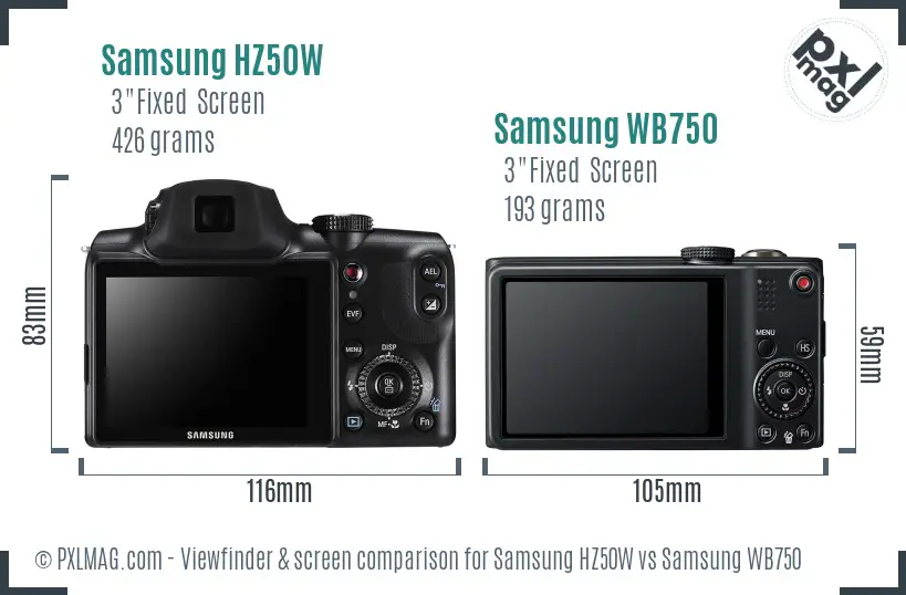 Samsung HZ50W vs Samsung WB750 Screen and Viewfinder comparison