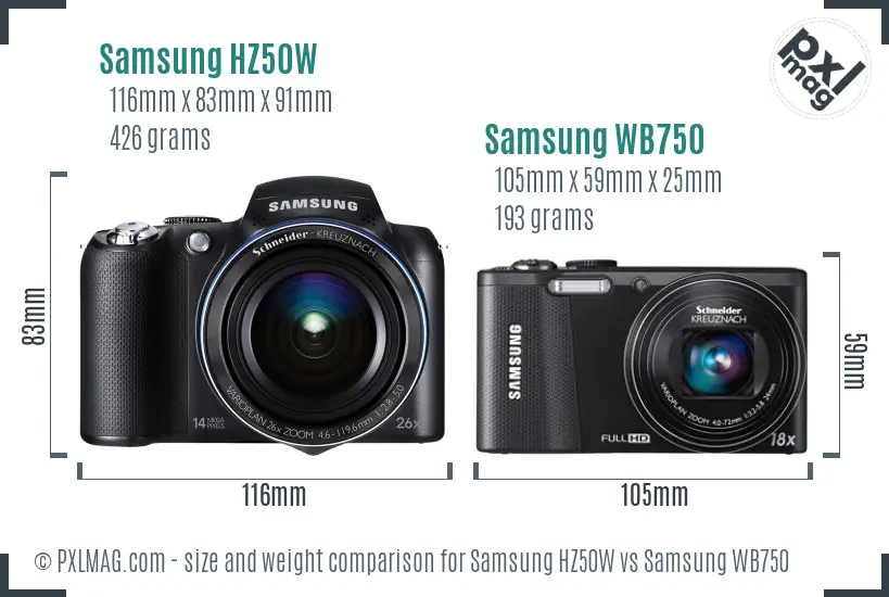 Samsung HZ50W vs Samsung WB750 size comparison