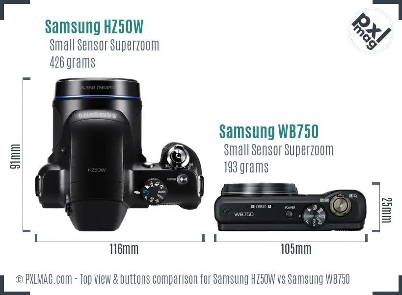 Samsung HZ50W vs Samsung WB750 top view buttons comparison