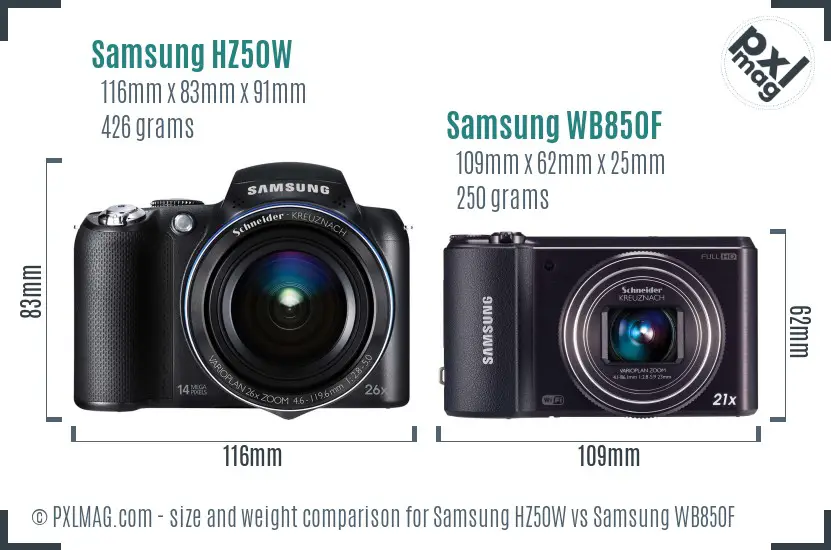 Samsung HZ50W vs Samsung WB850F size comparison