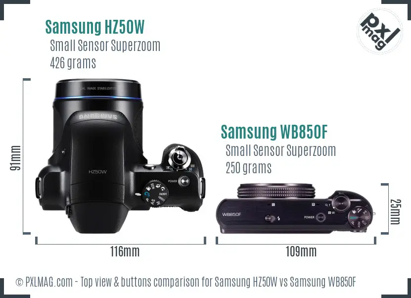 Samsung HZ50W vs Samsung WB850F top view buttons comparison
