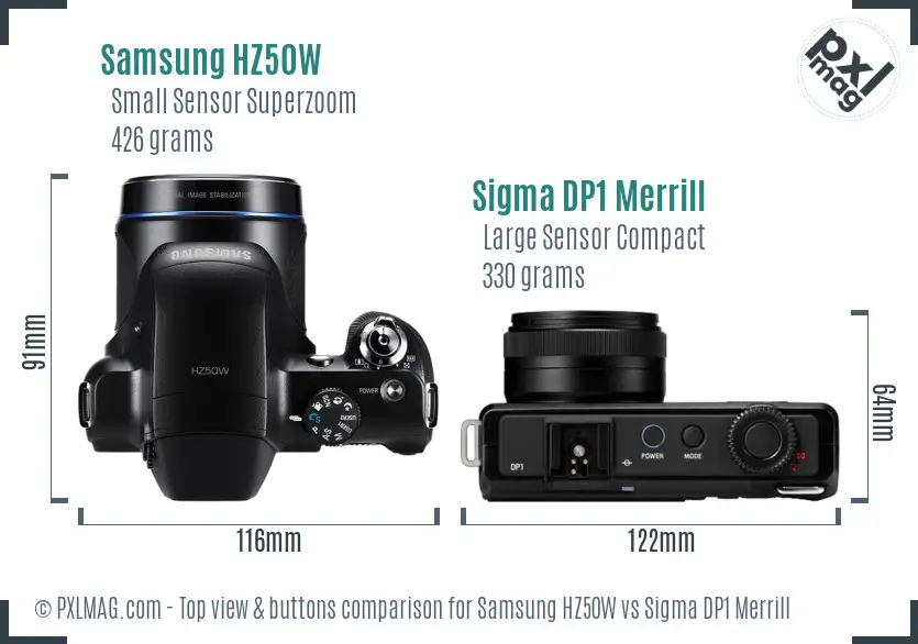 Samsung HZ50W vs Sigma DP1 Merrill top view buttons comparison