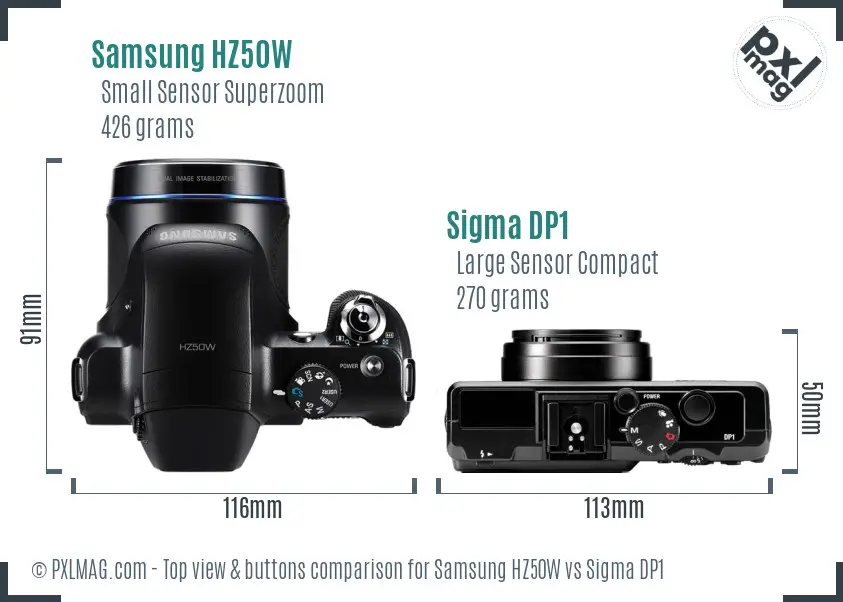 Samsung HZ50W vs Sigma DP1 top view buttons comparison