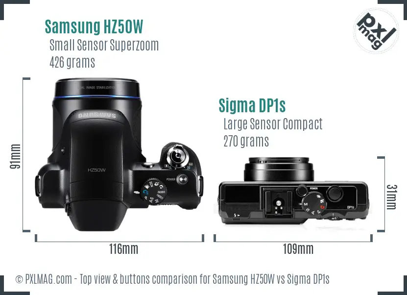 Samsung HZ50W vs Sigma DP1s top view buttons comparison
