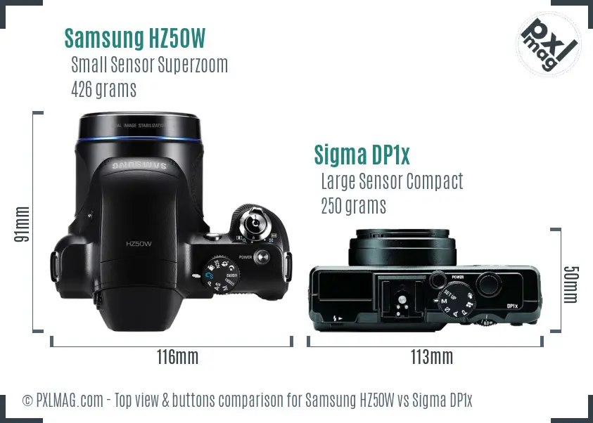 Samsung HZ50W vs Sigma DP1x top view buttons comparison