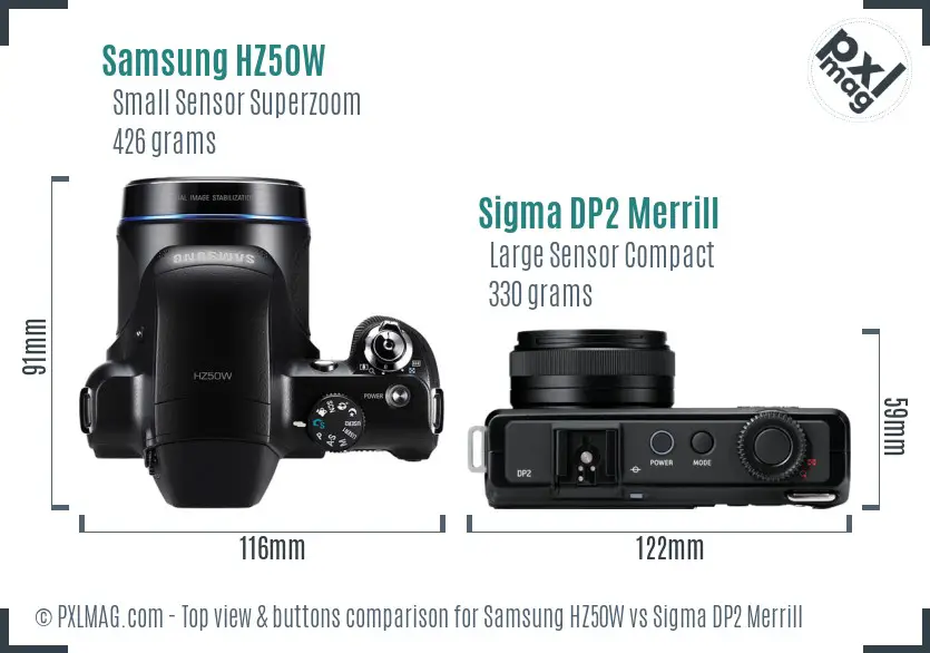 Samsung HZ50W vs Sigma DP2 Merrill top view buttons comparison