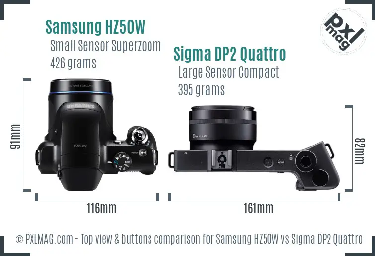 Samsung HZ50W vs Sigma DP2 Quattro top view buttons comparison