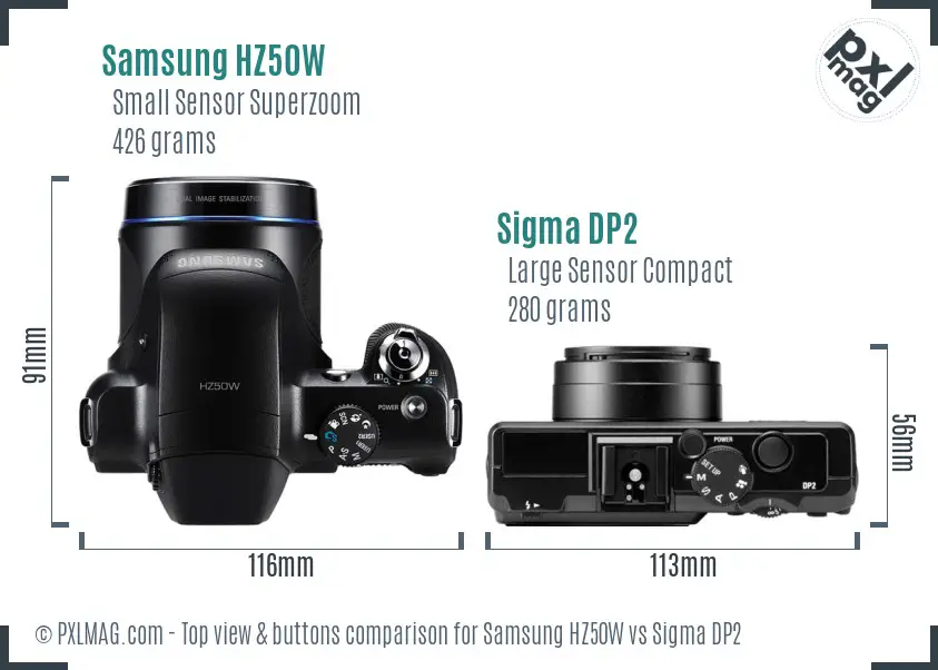 Samsung HZ50W vs Sigma DP2 top view buttons comparison