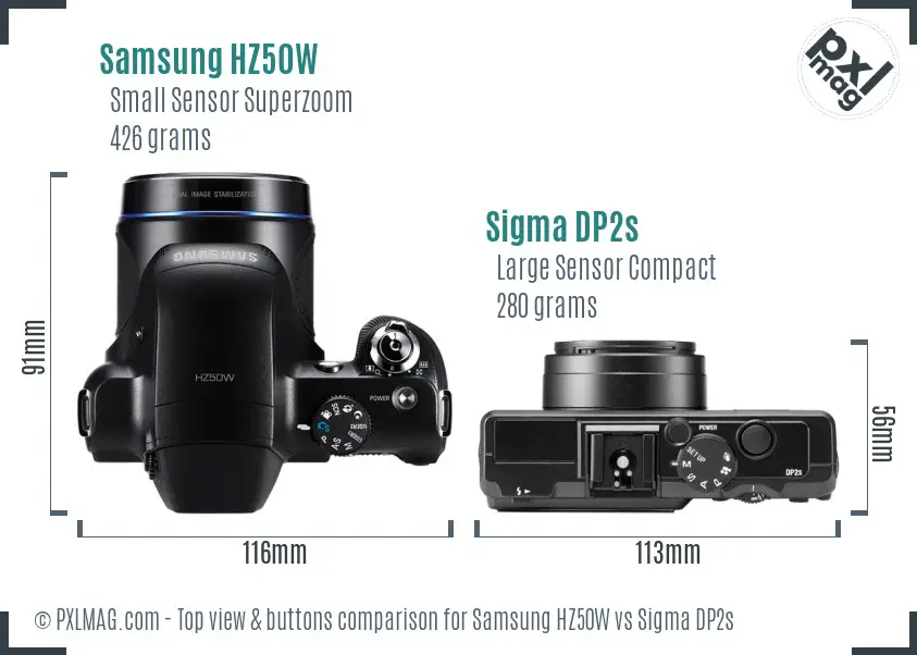 Samsung HZ50W vs Sigma DP2s top view buttons comparison