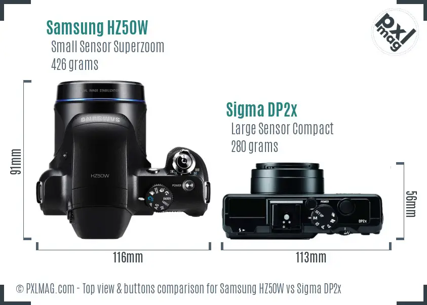 Samsung HZ50W vs Sigma DP2x top view buttons comparison