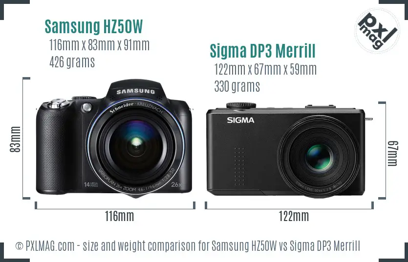 Samsung HZ50W vs Sigma DP3 Merrill size comparison