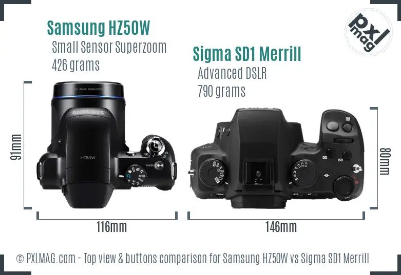 Samsung HZ50W vs Sigma SD1 Merrill top view buttons comparison