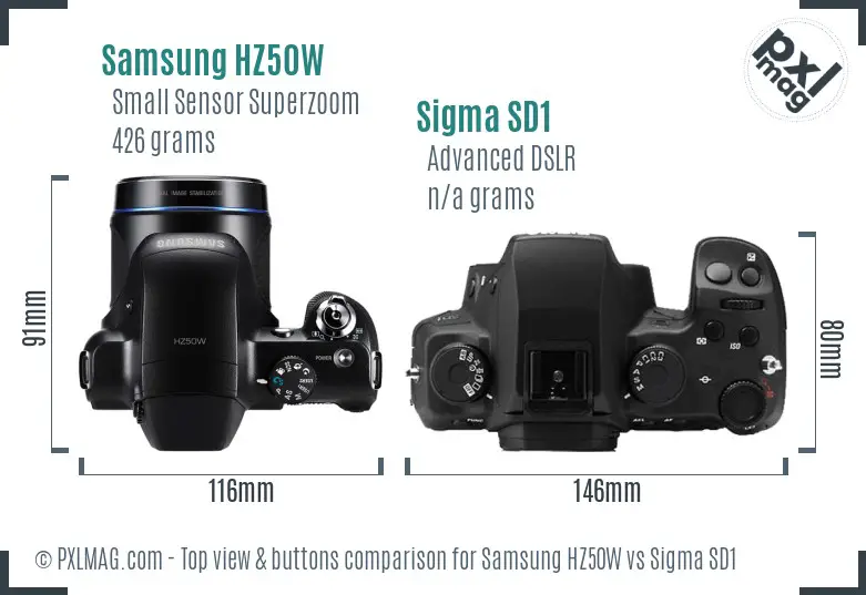 Samsung HZ50W vs Sigma SD1 top view buttons comparison Samsung HZ50W vs Sigma SD1 top view buttons comparison