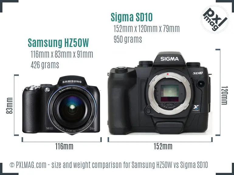 Samsung HZ50W vs Sigma SD10 size comparison