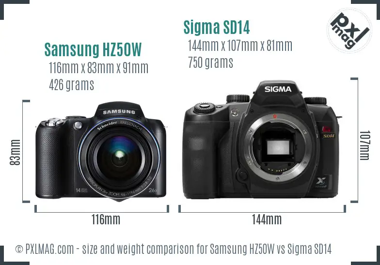 Samsung HZ50W vs Sigma SD14 size comparison