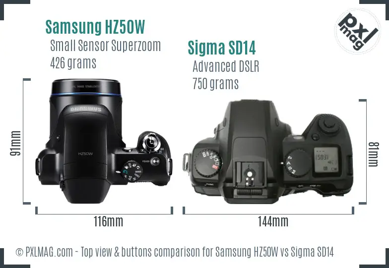 Samsung HZ50W vs Sigma SD14 top view buttons comparison